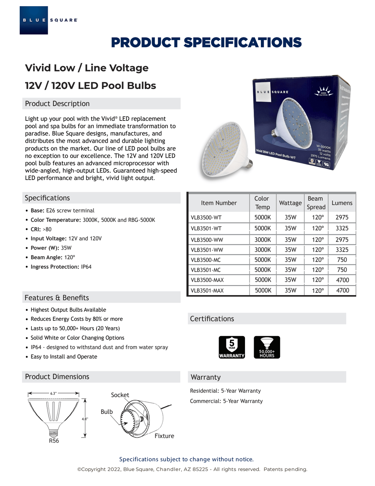 Blue Square Vivid 360 LED Spa Bulb, 120 V, 20 W, 1700 Lumens, 5000K | VLB2501-WT