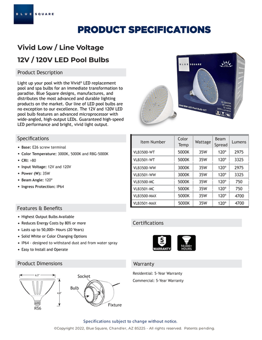 Blue Square Vivid 360 LED Spa Bulb, 120 V, 20 W, 1700 Lumens, 5000K | VLB2501-WT