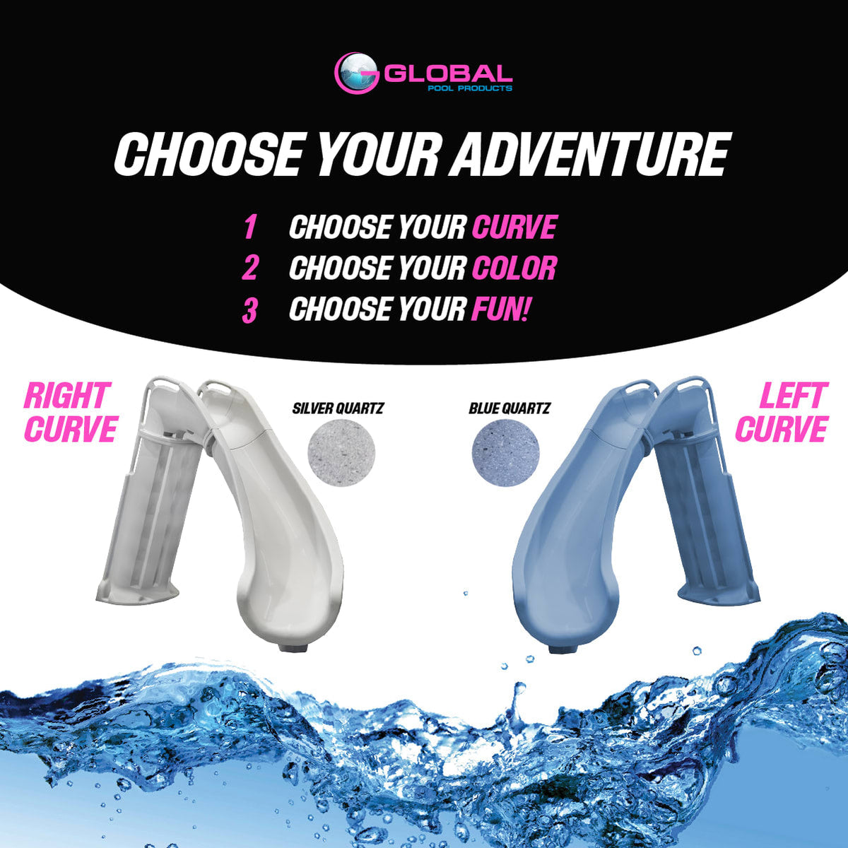 Global Pool Products GPP Bad Axe X6 Pool Slide Blue Quartz, Left, 6' x 7'9" - GPPS-BAX6-BQ-L