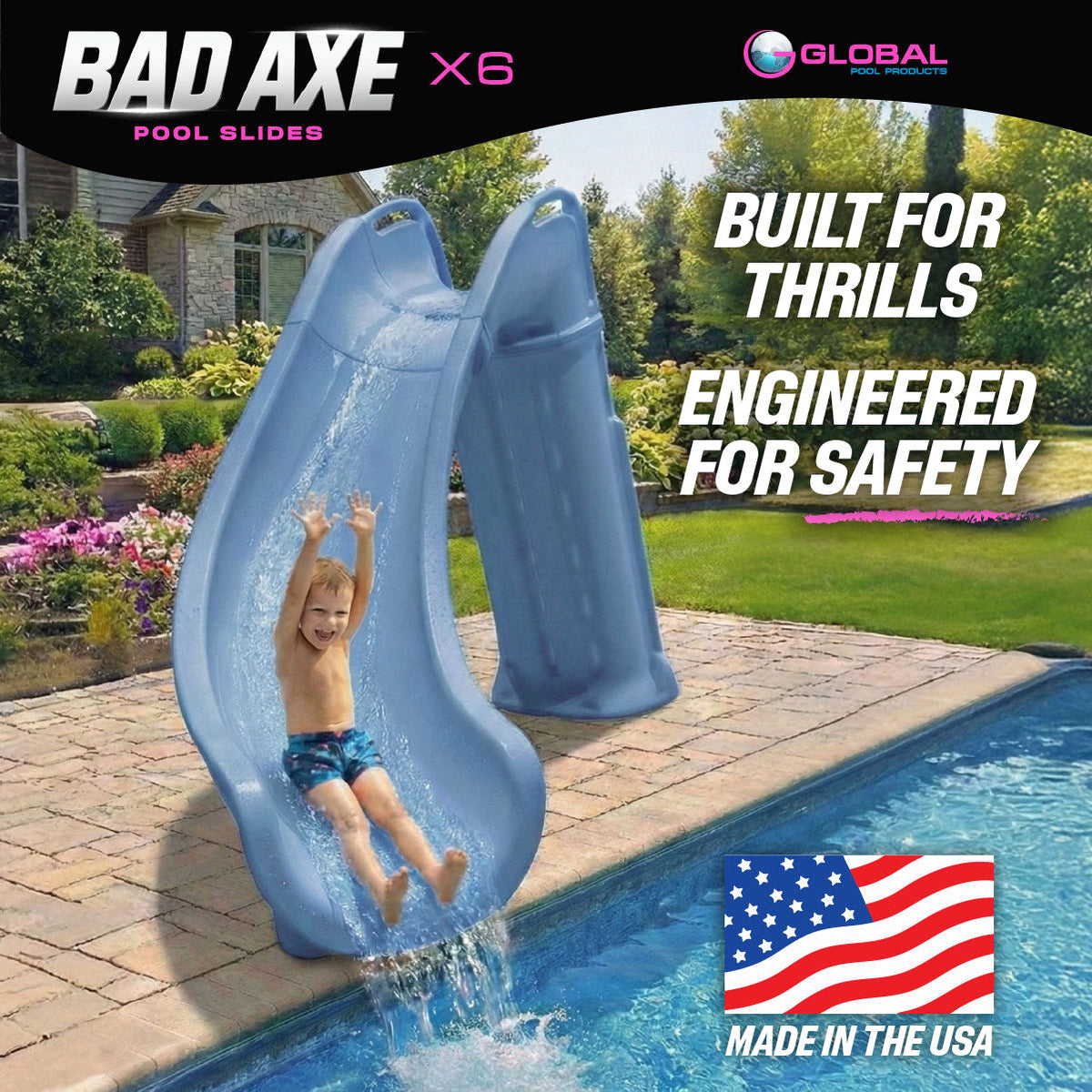 Global Pool Products GPP Bad Axe X6 Pool Slide Blue Quartz, Right, 6' x 7'9" - GPPS-BAX6-BQ-R
