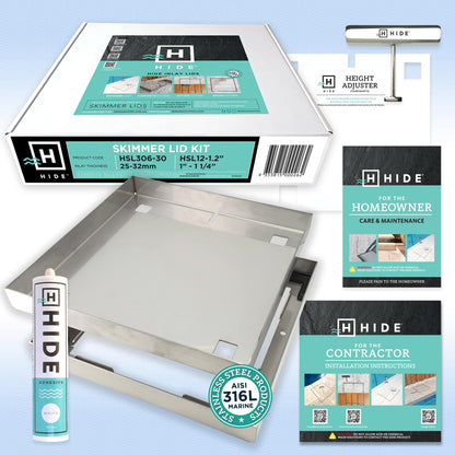 HIDE 12" Skimmer Cover, 2 1/4"-2 1/2" (6cm) Material, Square Inlay Lid, Concrete Parts Included | HSL12-2.5KIT