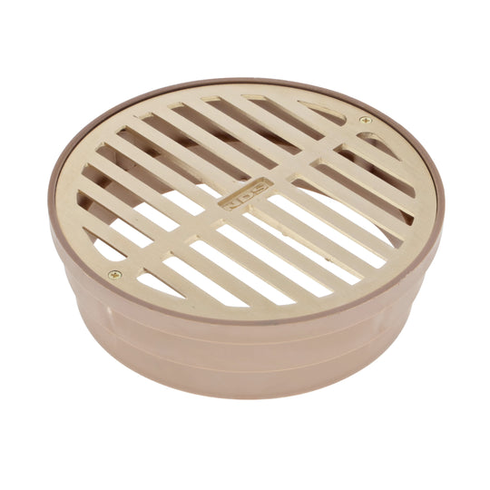 6" Round Satin Brass with Styrene Collar Drain Adapter Grate | NDS918B