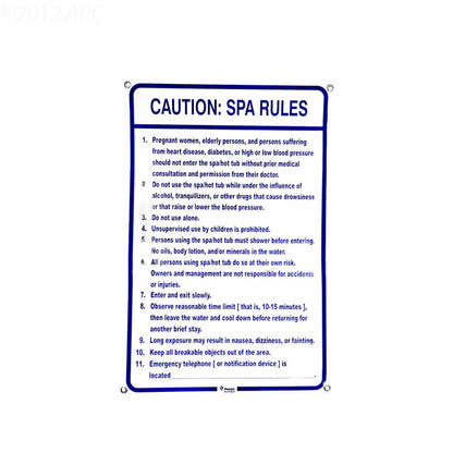 Pentair Water Pool and Spa Inc Spa Rules Sign 24"x36" - R234200