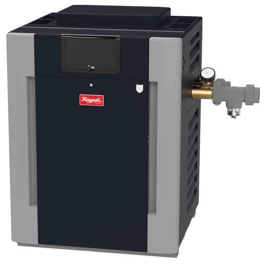 Raypak B-R406A-EN-C #51 Digital ASME Natural Gas Heater, 399K BTU, 120/240VAC, 1-Phase, Copper Exchanger, 249 lbs, 2” Bronze Headers | 017378