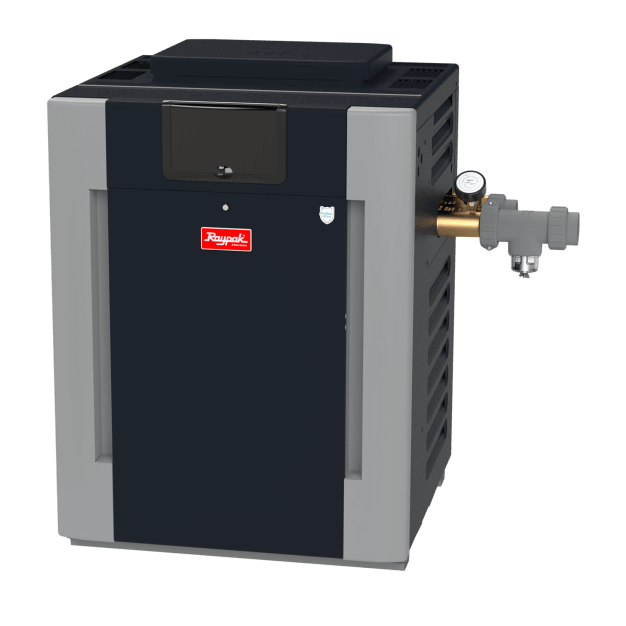 Raypak B-R336A-EP-C #57 Digital ASME Propane Gas Heater, 332K BTU, 120/240VAC, 1-Phase, Copper Exchanger, 249 lbs, 2” Bronze Headers | 017385