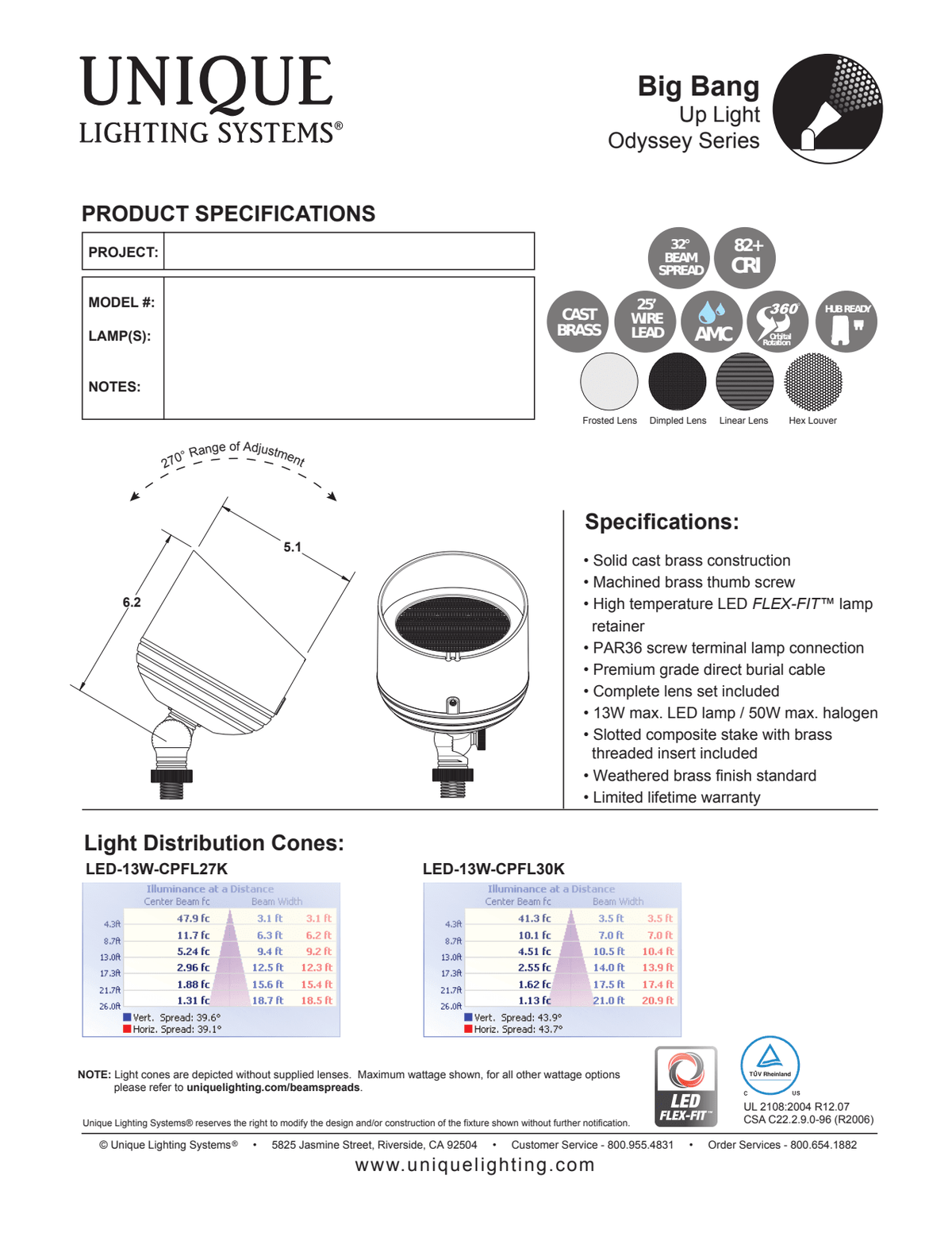 13 W PAR36 LED Weathered Brass Solid Cast Brass Big Bang Odyssey Series Up Light | UNIBIGBNL