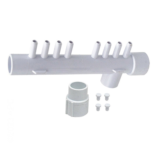 Waterway 8 Barb Mani Tee 1Spg X 1Sckt X 1Spg 3/8"B W/1"Plug & 3/8Plugs Manifold 1In Slip 8-3/8 Port Barb W/4 Plugs - 672