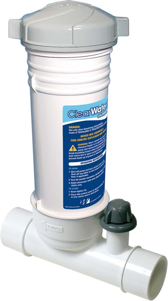 Waterway ClearWater Above Ground Inline Chlorinator, Includes Feeder, Extension Adapter, Check Valve and Hose Adapter, Holds (4) 3" Tabs or 4.5 Lbs 1/2" Tablets | CAG004-W
