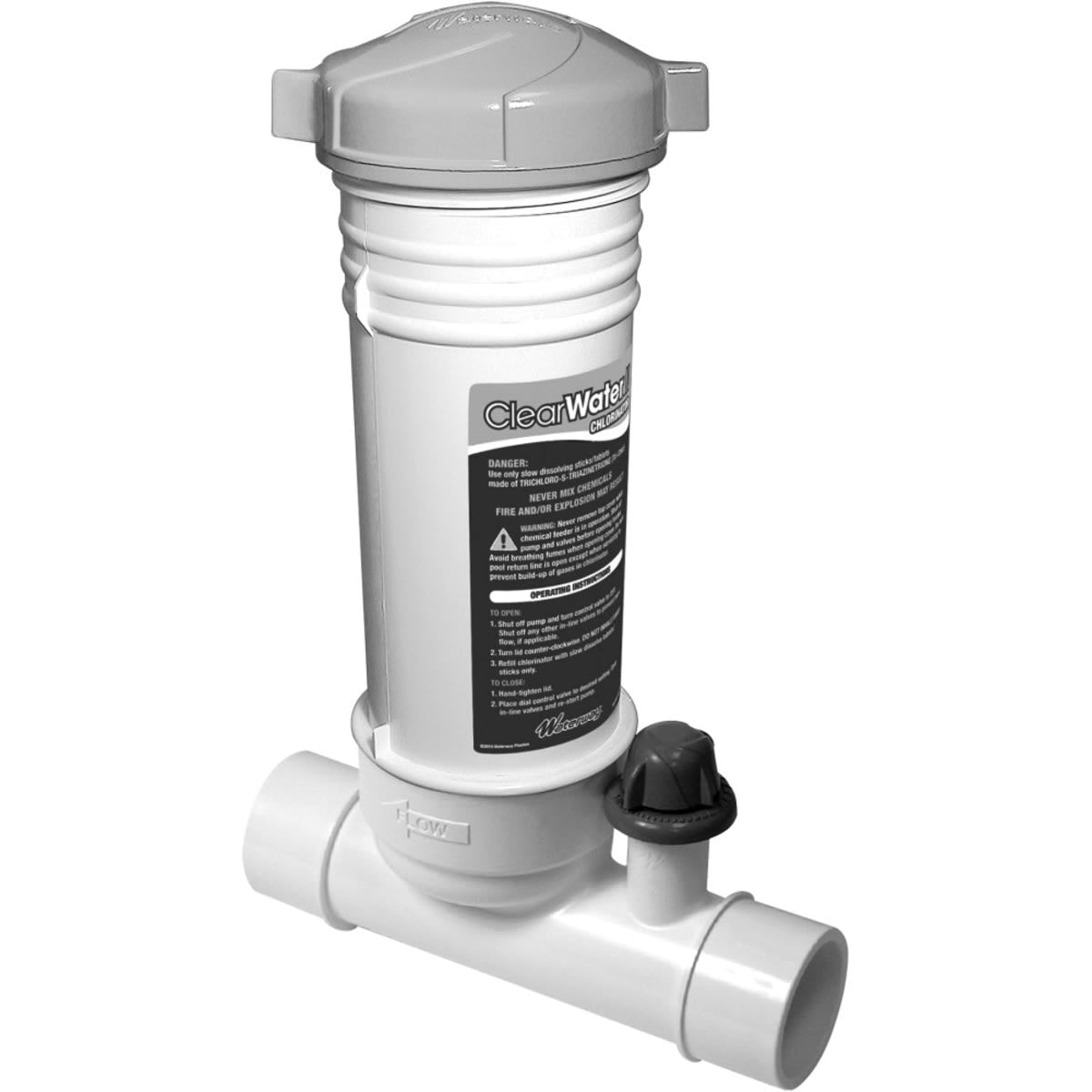 Waterway ClearWaterVS In-Line Chlorinator, for Use with Variable Speed Pumps, Includes Feeder, Shut Off Valve, Check Valve, (2) 2" x 1.5" Reducer Bushings, Holds (12) 3" Tablets | CLC012-W